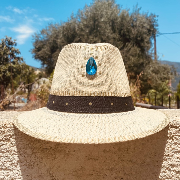 Ψάθινο καπέλο τύπου Panama - Crystal turquoise - απαραίτητα καλοκαιρινά αξεσουάρ, ψάθινα - 4
