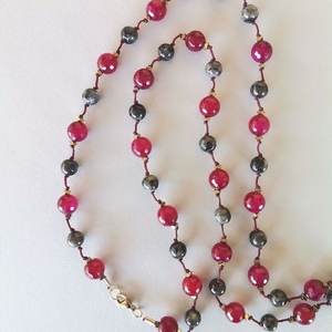 Μακρύ Κολιέ με Αχάτη Ruby και Λαρβικίτη - ημιπολύτιμες πέτρες, μακριά, ατσάλι, ροζάριο - 5