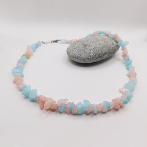 Κολιέ-τσόκερ από τσίπς χαλαζία ροζ-μπλε - ημιπολύτιμες πέτρες, τσόκερ, κοντά, boho - 3