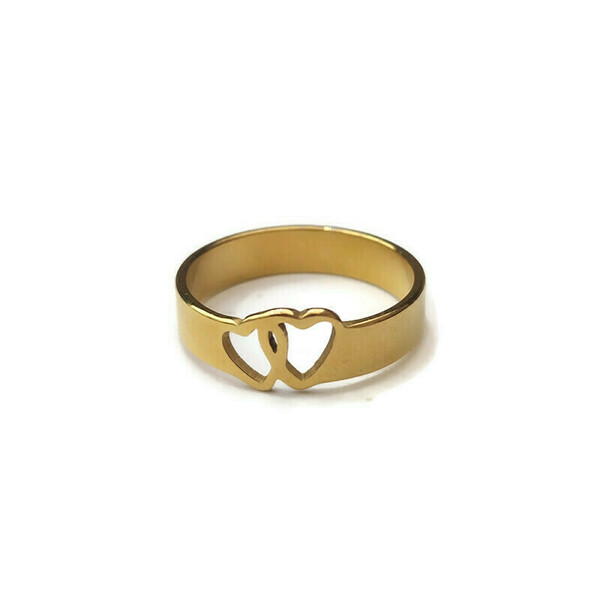 Ατσάλινο επίχρυσο δαχτυλίδι με μπλεγμένες καρδιές - επιχρυσωμένα, καρδιά, βεράκια, ατσάλι, σταθερά
