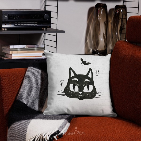 Θήκη για μαξιλάρι διακοσμητικό μαύρη γάτα βαμπίρ Halloween - χωρίς γέμισμα - 45x45 εκ.100% Polyester - Looloo & Co - halloween, μαξιλάρια - 3