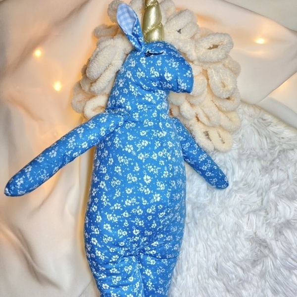 Μονόκερος μπλε με άσπρα ανθάκια, 30εκ. , πάνινο, βαμβακερό κουκλάκι - κορίτσι, δώρα για βάπτιση, λούτρινα, δώρα γενεθλίων, δώρα για μωρά - 4