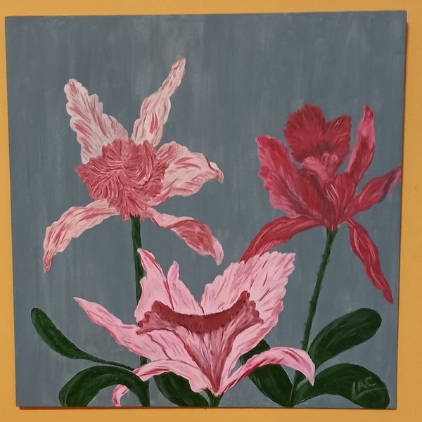 Orchids 40x40 (Acrylic on canvas board) - πίνακες & κάδρα, λουλούδια, πίνακες ζωγραφικής