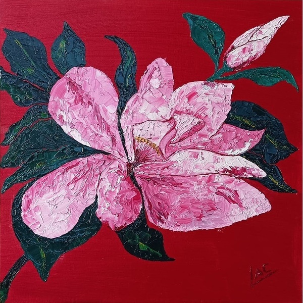 Pink Magnolia 40x40 Oil on canvas board - πίνακες & κάδρα, λουλούδια, πίνακες ζωγραφικής