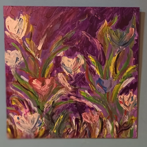 Purple Floral 40x40 Acrylic on canvas board - πίνακες & κάδρα, λουλούδια, πίνακες ζωγραφικής