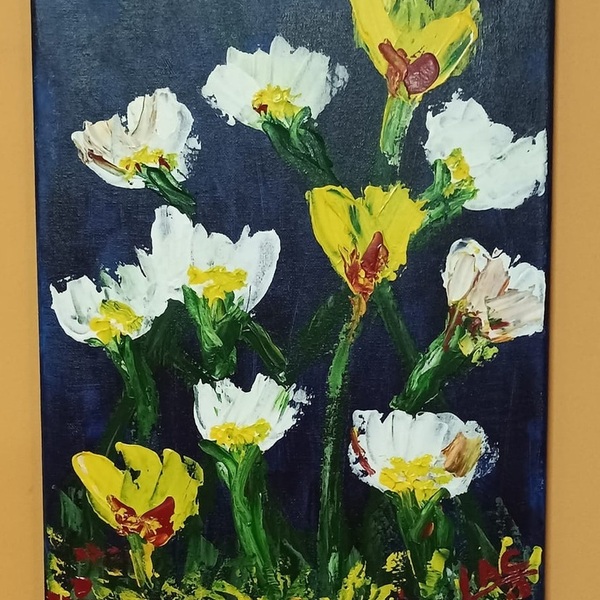 Yellow & White Tulips 40 x 30 on canvas - πίνακες & κάδρα, λουλούδια, πίνακες ζωγραφικής