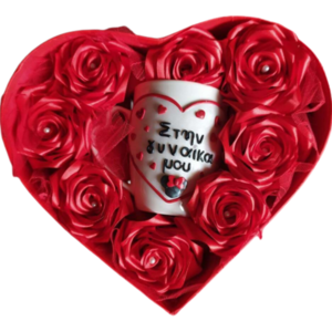 Κουτί καρδιά με χειροποίητα τριαντάφυλλα κόκκινα και 3D κούπα από πολυμερικό πηλό - αγάπη, πηλός, δώρα, πορσελάνη, ζευγάρια, δώρα αγίου βαλεντίνου, κούπες & φλυτζάνια