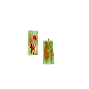 Ξύλινα σκουλαρίκια ζωγραφισμένα vintage - ξύλο, κρεμαστά, μεγάλα, καρφάκι - 2