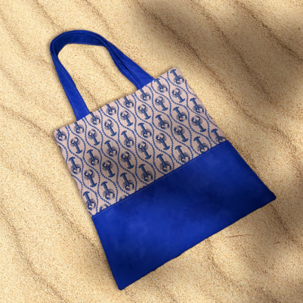 Βαμβακερη τσάντα tote σε αποχρώσεις του μπλε. Διαστάσεις 42x37εκατοστά - ύφασμα, ώμου, μεγάλες, all day, tote - 3