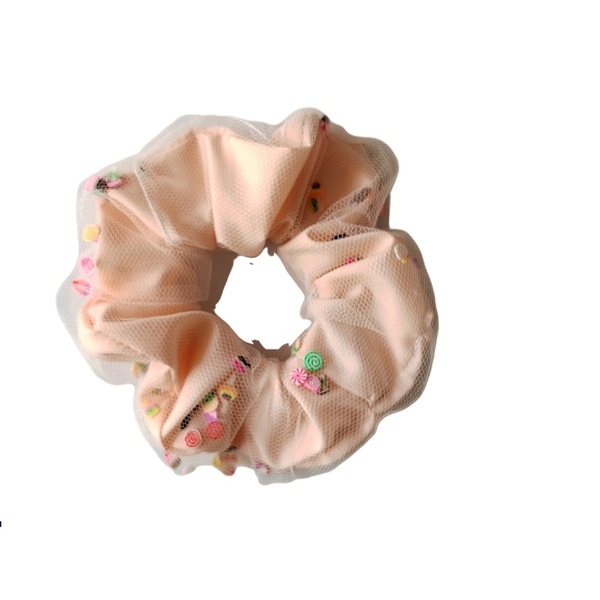 Χειροποιητο υφασμάτινο double layer scrunchie με σομον ποπλινα και τούλι γεμισμένο με γλυκακια λαστιχάκι μαλλιών κοκαλάκι 1τμχ medium size. - ύφασμα, κορίτσι, λαστιχάκια μαλλιών