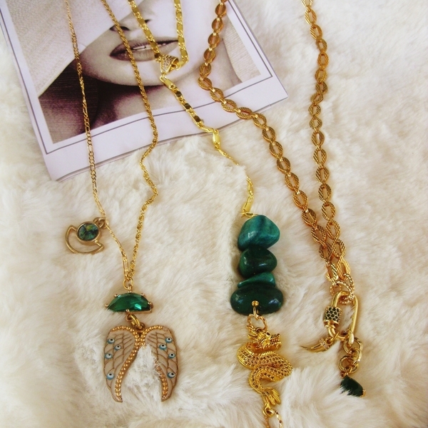 green necklaces - επιχρυσωμένα, ορείχαλκος, ατσάλι, layering - 3