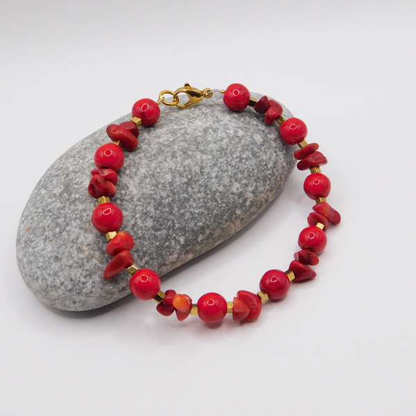 Κόκκινο βραχιόλι με ημιπολύτιμους λίθους - ημιπολύτιμες πέτρες, κοράλλι, σταθερά, χεριού - 3