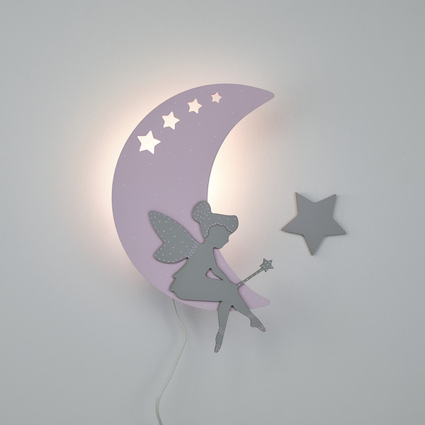 Παιδικό Ξύλινο Φωτιστικό Φεγγάρι Ρόζ με γκρι νεράιδα - παιδικά φωτιστικά
