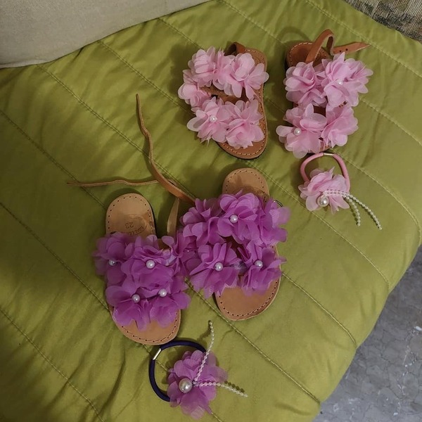 Σανδάλια παιδικα πέδιλα δερμάτινα με υφασμάτινα λουλούδια κ περλες - δέρμα, ταμπά, λουλούδια, φλατ - 5
