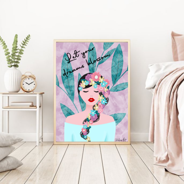 Εκτυπώσιμη αφίσα A3/A4 ''ΛΟΥΛΟΥΔΕΝΙΑ'' (green-pink-cloudy background) - κορίτσι, αφίσες, σχέδια ζωγραφικής