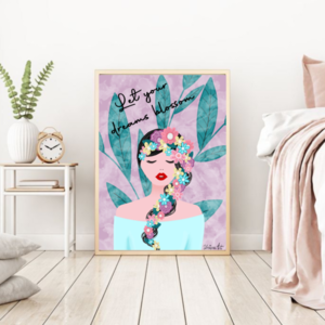 Εκτυπώσιμη αφίσα A3/A4 ''ΛΟΥΛΟΥΔΕΝΙΑ'' (green-pink-cloudy background) - κορίτσι, αφίσες, ανοιξιάτικα λουλούδια, σχέδια ζωγραφικής