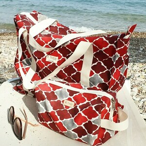 Τσάντα θαλάσσης μεγάλη με κόκκινο μοτίβο - ύφασμα, ώμου, μεγάλες, θαλάσσης, tote - 5
