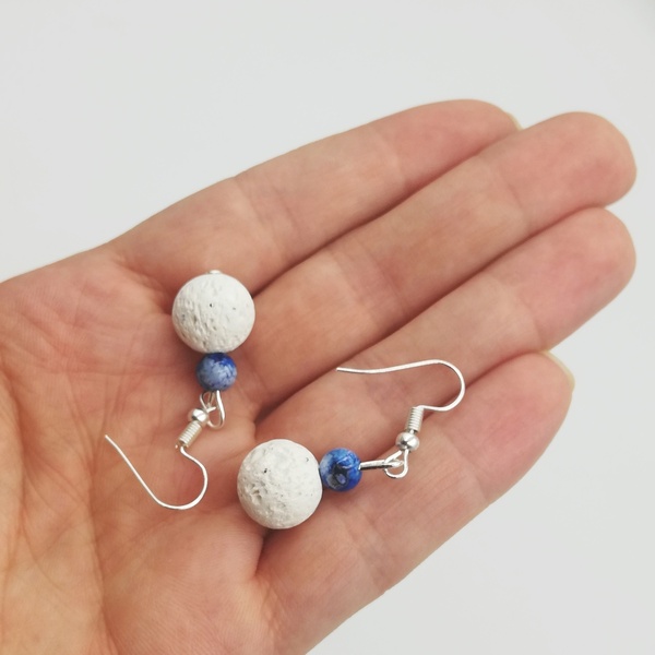 Σκουλαρίκια με λάβα και αχάτη μπλε - ημιπολύτιμες πέτρες, απαραίτητα καλοκαιρινά αξεσουάρ, boho, κρεμαστά - 2