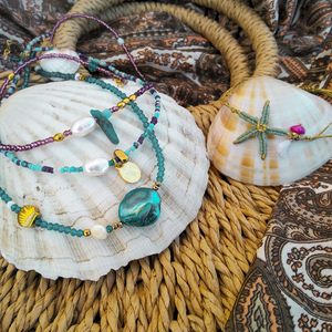 Boho κολιέ με μαργαριτάρι, ατσάλινο φλουράκι κ χάντρες - ημιπολύτιμες πέτρες, μαργαριτάρι, τσόκερ, φλουριά, seed beads - 5