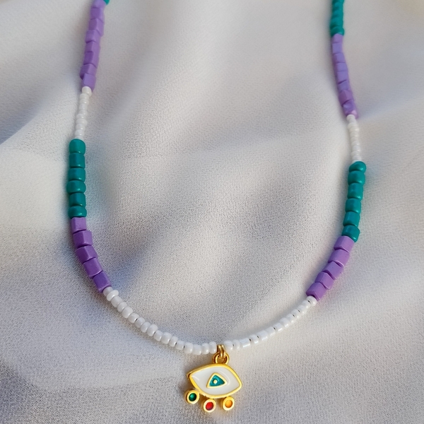 Πολύχρωμο κολιέ με επίχρυσο ματάκι - charms, επιχρυσωμένα, μάτι, χάντρες, seed beads