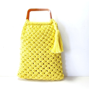 Τσάντα πλεκτή κίτρινη με κοκκάλινα χερούλια - νήμα, χειρός, πλεκτές τσάντες, μικρές