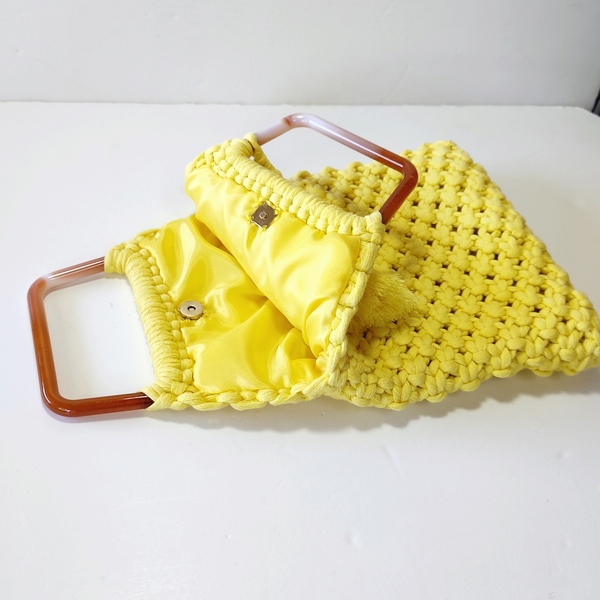 Τσάντα πλεκτή κίτρινη με κοκκάλινα χερούλια - νήμα, χειρός, πλεκτές τσάντες, μικρές - 4
