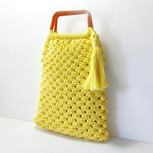 Τσάντα πλεκτή κίτρινη με κοκκάλινα χερούλια - νήμα, χειρός, πλεκτές τσάντες, μικρές - 5