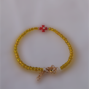 Βραχιόλι με χάντρες κίτρινες και σταυρό σε κόκκινο χρώμα. - charms, σταυρός, χάντρες, χεριού, αυξομειούμενα - 3