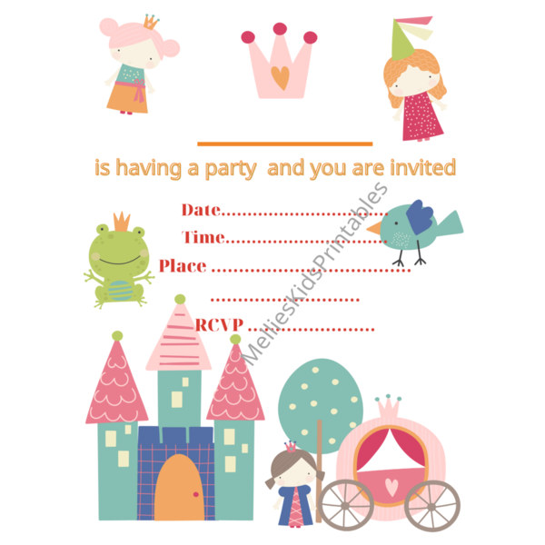 Princess party invitation English, digital product (for printing at home), 5*7 inches,2,5*3,5 inches - birthday, κάρτες, προσκλητήρια
