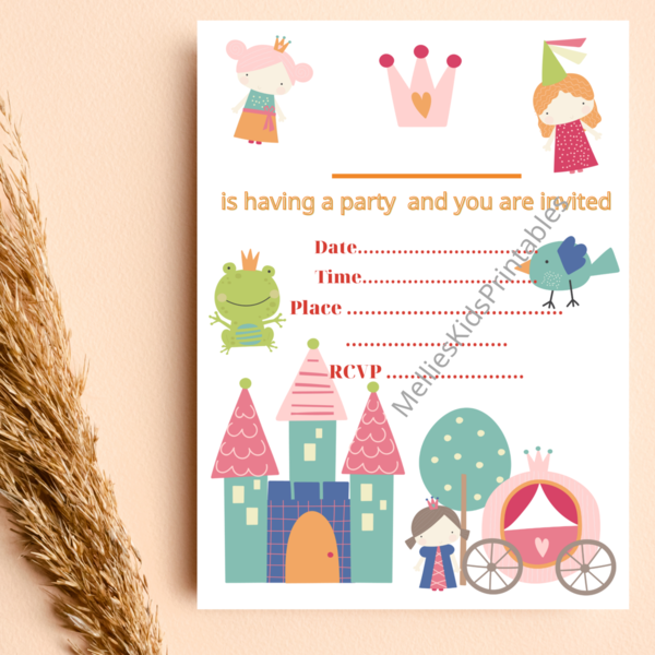 Princess party invitation English, digital product (for printing at home), 5*7 inches,2,5*3,5 inches - birthday, κάρτες, προσκλητήρια - 2