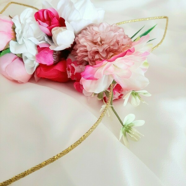 Κοριτσίστικη χρυσή στέκα μαλλιών διπλής όψης με αυτάκια και λουλούδια, 18*23εκ. - λουλούδια, μέταλλο, στέκες μαλλιών παιδικές, στέκες - 5