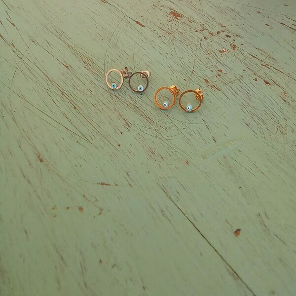 Μικρά καρφωτά σκουλαρίκια κύκλοι με ματάκι - καρφωτά, μικρά, ατσάλι, evil eye, φθηνά - 3
