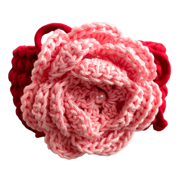 Πλεκτό μπορντό καλαθάκι από βαμβακερό νήμα, με ροζ τριαντάφυλλο - Διαστάσεις: 14,5*7,5 εκ. - διακοσμητικά, μαλλί felt - 5