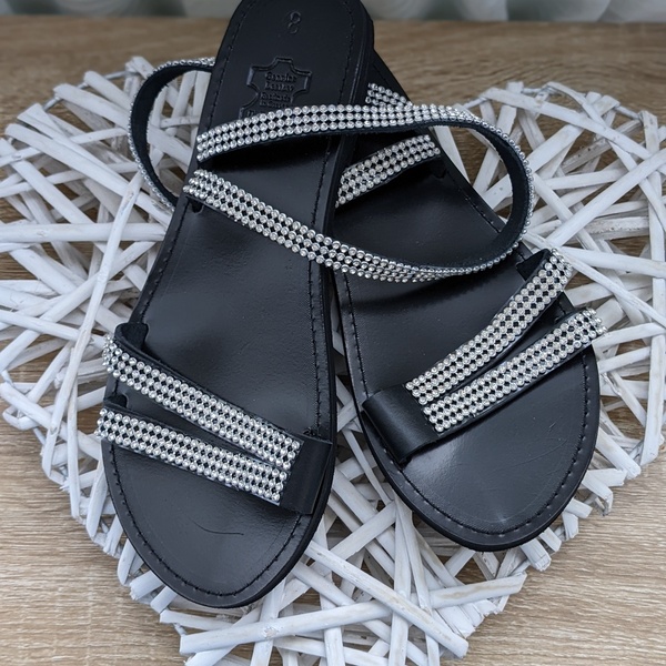 Δερμάτινα Σανδάλια Black Sandals with Strass - δέρμα, στρας, φλατ, ankle strap - 2