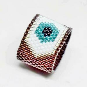 Δαχτυλίδι χειροποίητο μάτι με χάντρες miyuki delica σε καφέ χρώμα - γυαλί, χάντρες, boho, σταθερά, μεγάλα
