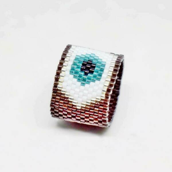 Δαχτυλίδι χειροποίητο μάτι με χάντρες miyuki delica σε καφέ χρώμα - γυαλί, χάντρες, boho, σταθερά, μεγάλα - 2