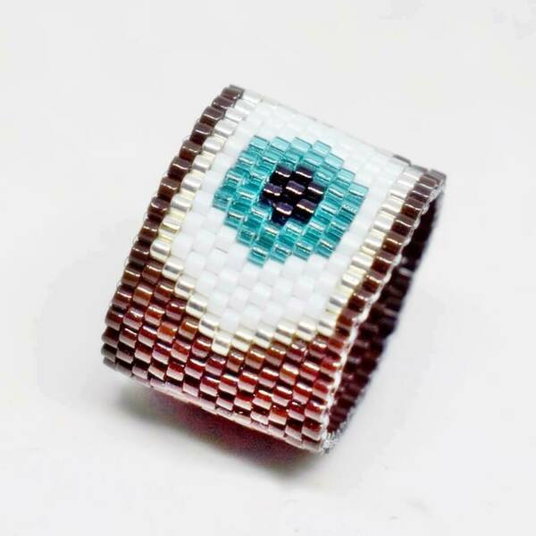 Δαχτυλίδι χειροποίητο μάτι με χάντρες miyuki delica σε καφέ χρώμα - γυαλί, χάντρες, boho, σταθερά, μεγάλα - 3