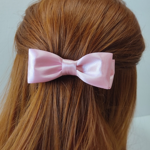 Φιόγκος μπαρέτα για τα μαλλιά ροζ σατέν - ύφασμα, φιόγκος, χειροποίητα, hair clips - 2