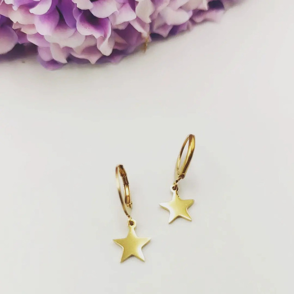 Ατσάλινα σκουλαρίκια χρυσά με κρεμαστό αστεράκι ❤️ - μικρά, ατσάλι, boho, κρεμαστά, φθηνά