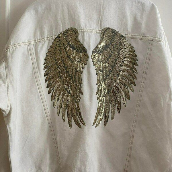 Trendy Oversized Denim Jacket - Detail on the back / Sequin Golden Angel Wings - βαμβάκι - 2