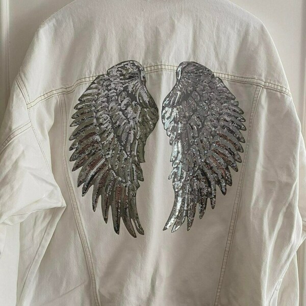 Trendy Oversized Denim Jacket - Detail on the back / Sequin Silver Angel Wings - βαμβάκι - 2