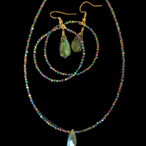 Σκουλαρίκια με πράσινες ιριδίζουσες πετρούλες και Λαμπραντορίτη - ημιπολύτιμες πέτρες, επιχρυσωμένα, δάκρυ, κρίκοι, μεγάλα - 3