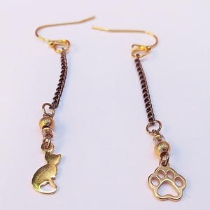 Σκουλαρίκια ζευγάρι γατούλα-πατουσάκι ατσάλινα χρυσάφι 6cm - αλυσίδες, γάτα, ατσάλι, κρεμαστά