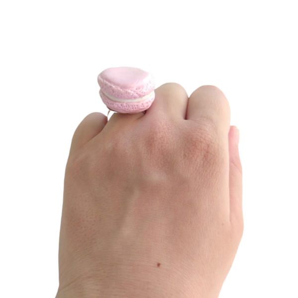 Δαχτυλίδι macaron ροζ με πολυμερικό πηλό / μεγάλο / μεταλλική βάση / αυξομειούμενο / Twice Treasured - πηλός, cute, γλυκά, αυξομειούμενα, kawaii - 3