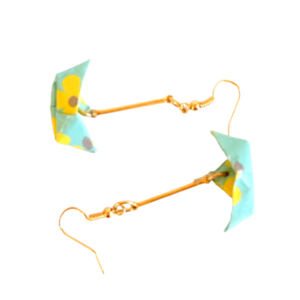 Σκουλαρίκια origami με γαλάζια-κίτρινα καραβάκια - μήκος 5.0εκ. - χαρτί, καραβάκι, boho, κρεμαστά - 3