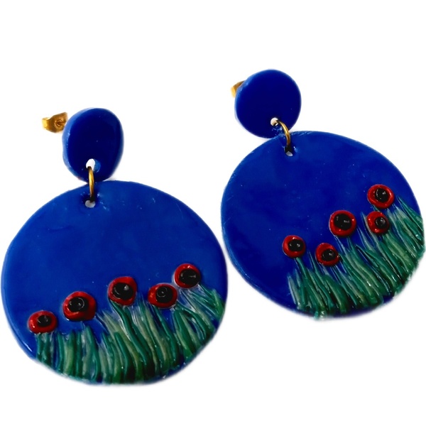Σκουλαρίκια από πολυμερικό πηλό Poppy Garden Earrings - πηλός, λουλούδι, κρεμαστά, μεγάλα, καρφάκι