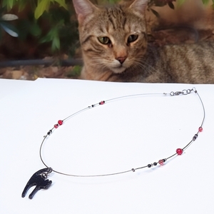 Κολιέ με μαύρη μεταλλική γατούλα, σύρμα και χάντρες - σύρμα, γάτα, χάντρες, κοντά, ατσάλι - 2