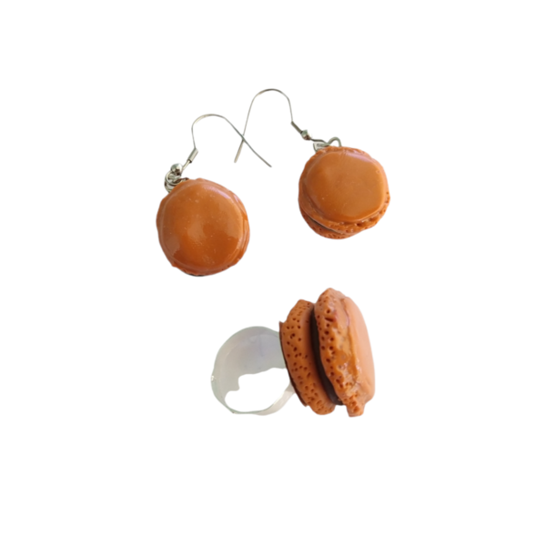 Σετ δαχτυλίδι και ατσάλινα σκουλαρίκια macaron πορτοκαλί με πολυμερικό πηλό / μεγάλο / μεταλλική βάση / αυξομειούμενο / Twice Treasured - πηλός, cute, γλυκά, kawaii, σετ κοσμημάτων - 4