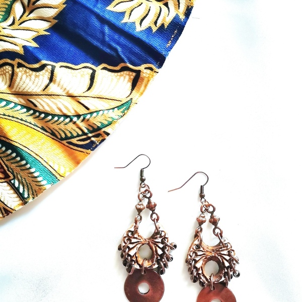 "Largesse Earrings" Handmade Embossed Dangle Earrings with Copper Hoops (8.0cm Height) - χαλκός, πηλός, χάντρες, κρεμαστά, μεγάλα