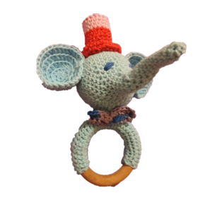 Μασητικός κρίκος- κουδουνίστρα Eλέφαντας με καπέλο (10-15 cm) - amigurumi, μασητικό, μασητικά μωρού, ξύλινα παιχνίδια, λούτρινα αρκουδάκια